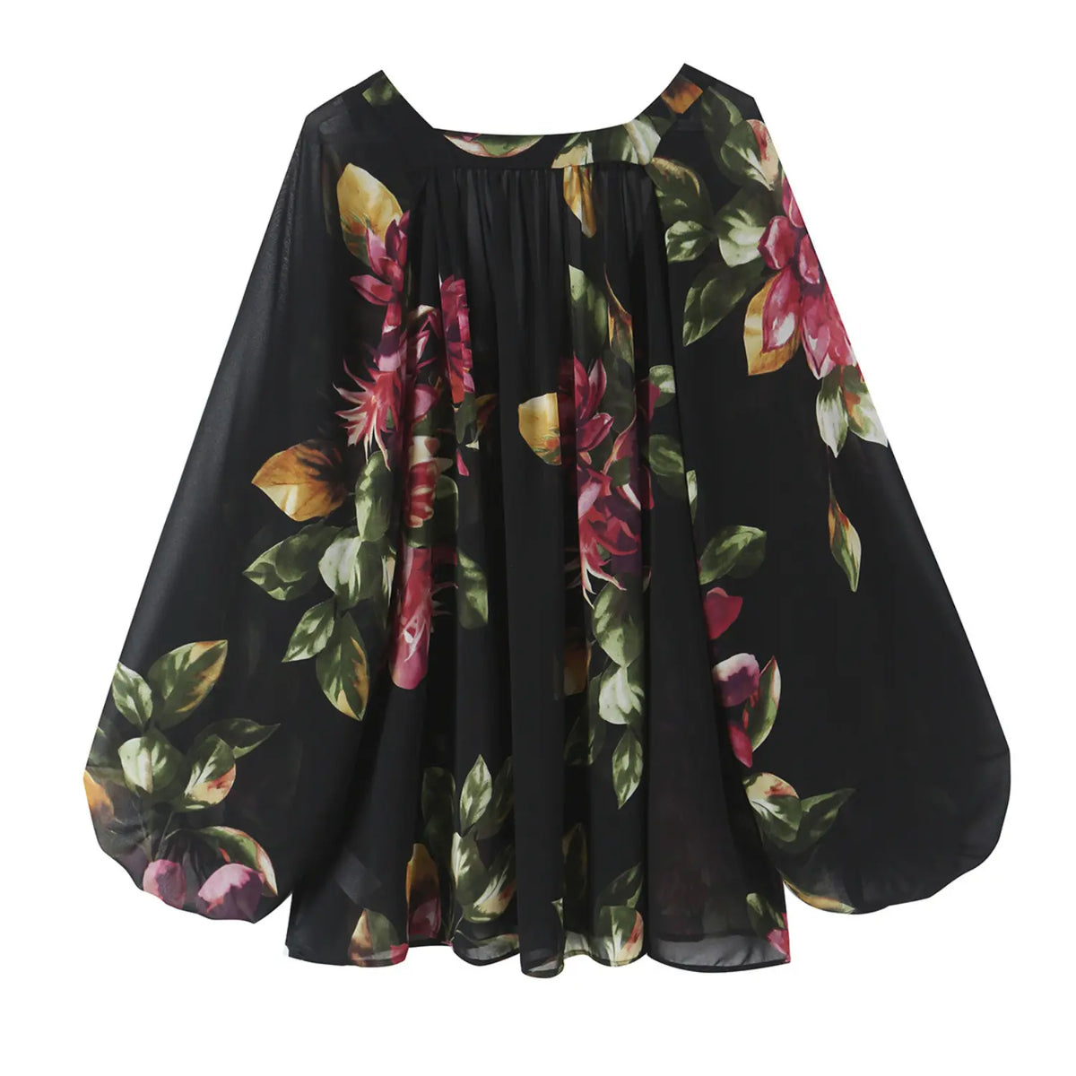 Floral print gathered v neck balloon sleeve blouse, back flat lay