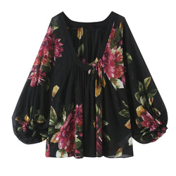 Floral print gathered v neck balloon sleeve blouse, front flat lay