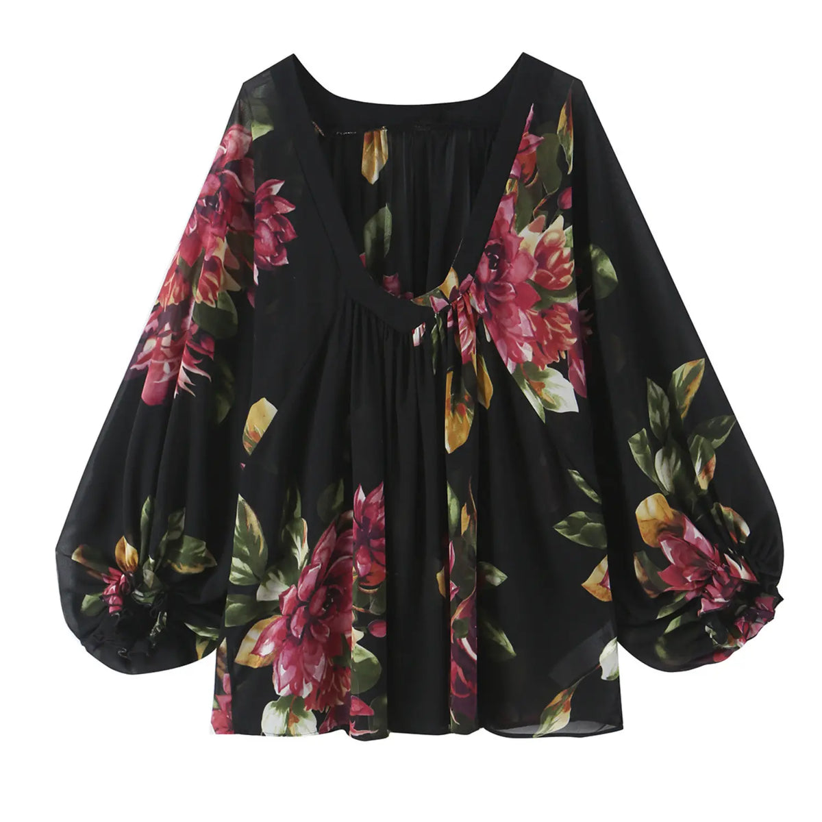 Floral print gathered v neck balloon sleeve blouse, front flat lay