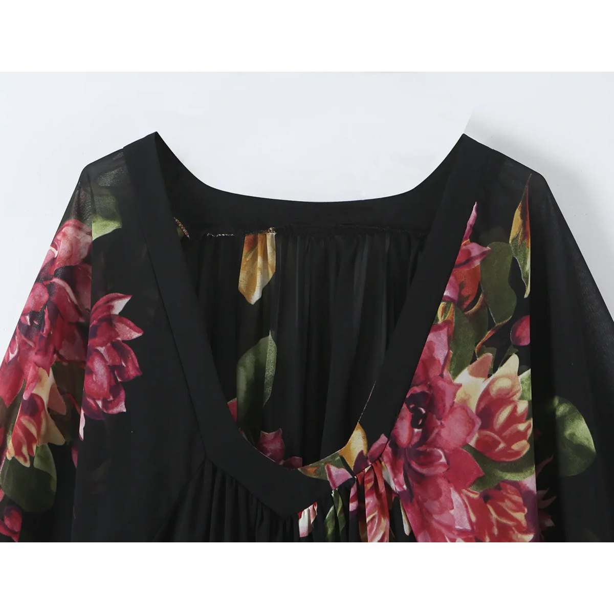 Close-up of trimmed V neckline and gathered yoke