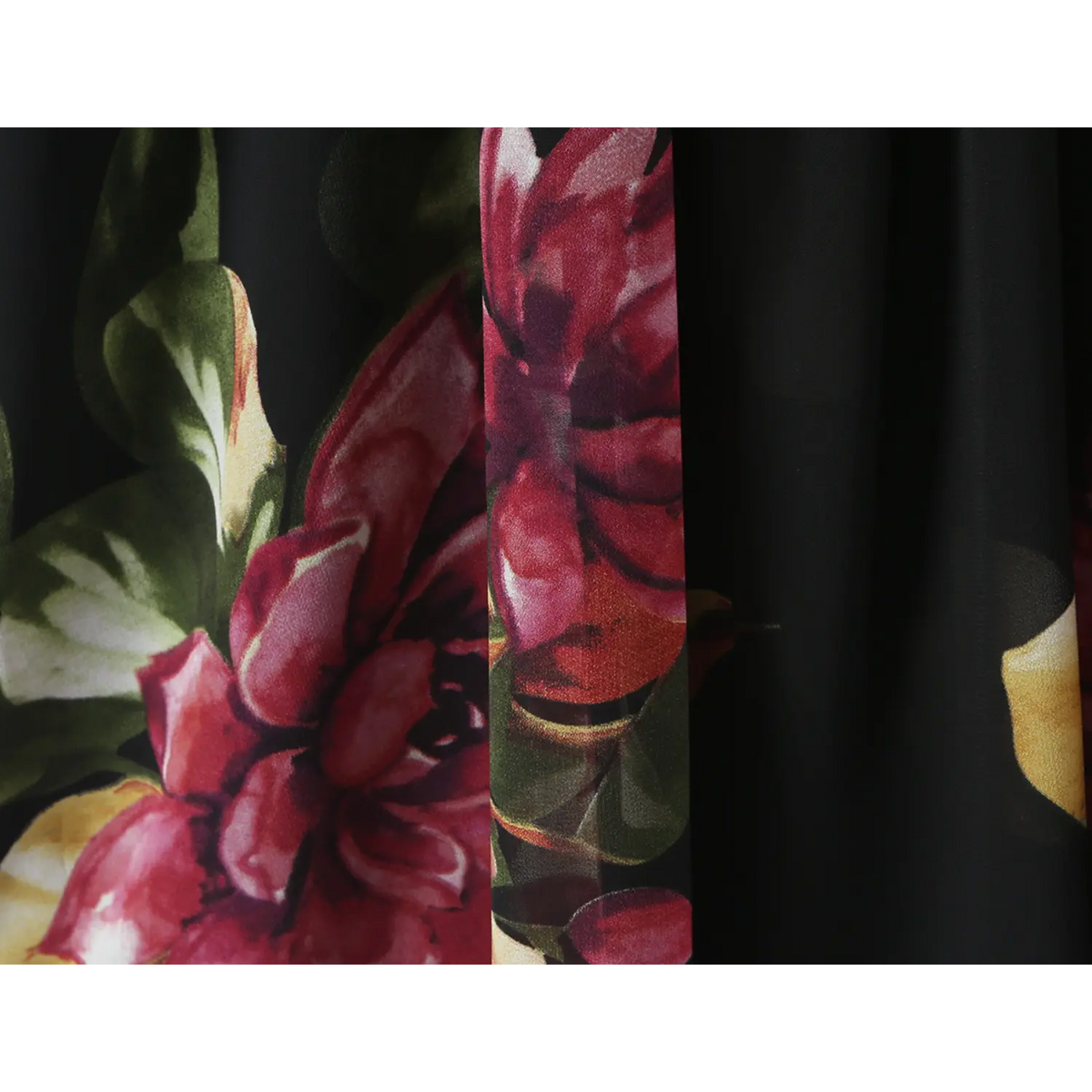 Close-up of dark floral print and sheer fabric