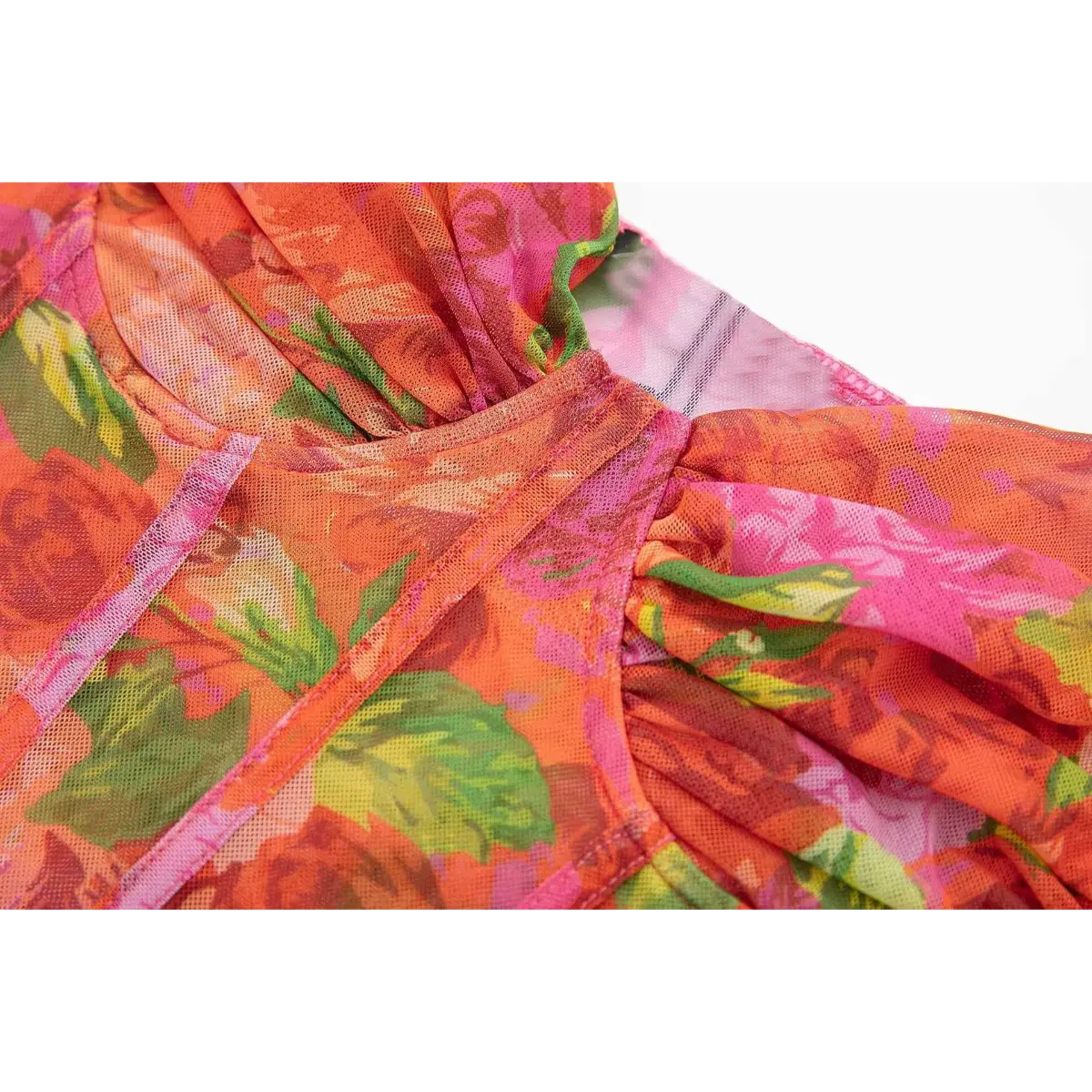 Close-up of the neckline and gathered bust detail on the floral print mesh corset top, featuring vibrant orange/pink roses and structured boning seams