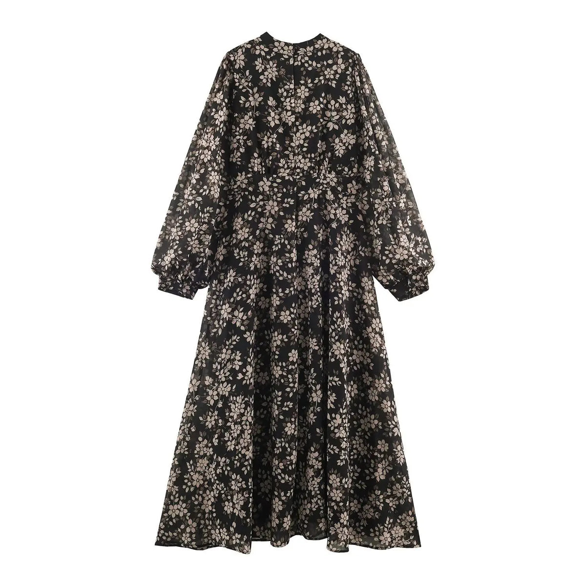 Back view of floral print maxi dress with stand collar, puff sleeves and relaxed A-line skirt