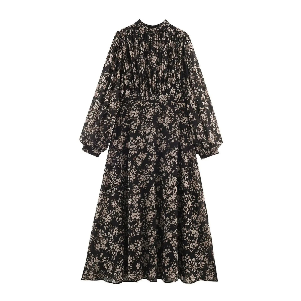 Full front view of black floral print puff sleeve maxi dress with stand collar, gathered bodice and flared skirt on white background