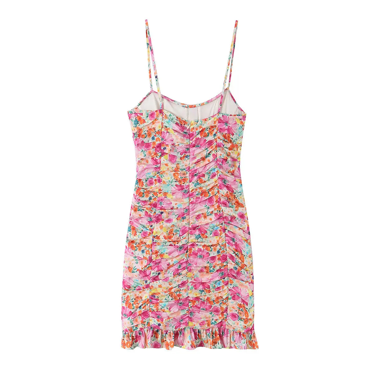 Back view of a floral print mini dress with spaghetti straps, all-over ruching, and a ruffled hem.