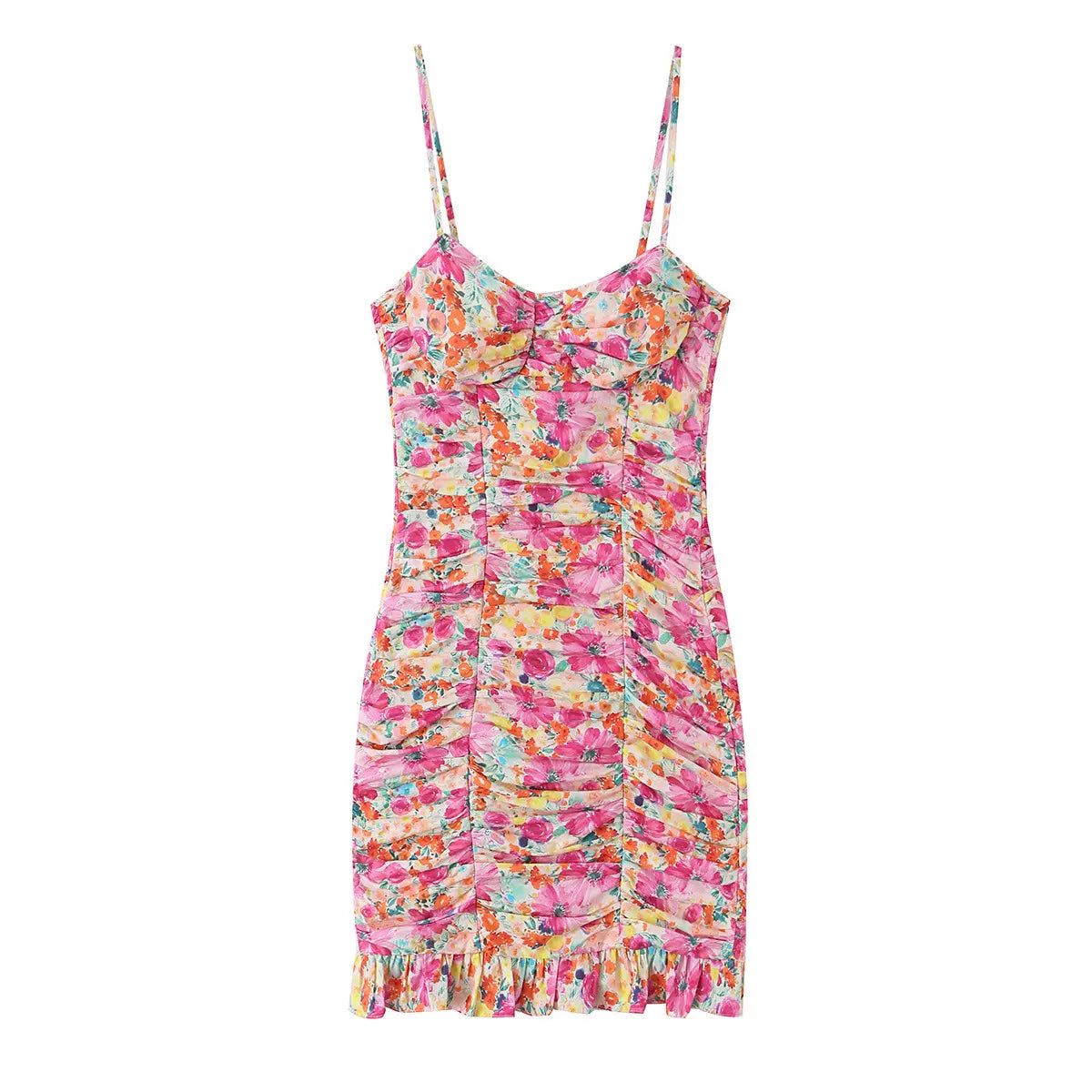 Front view of the dress, showing the sweetheart neckline, bust ruching, and form-fitting silhouette.