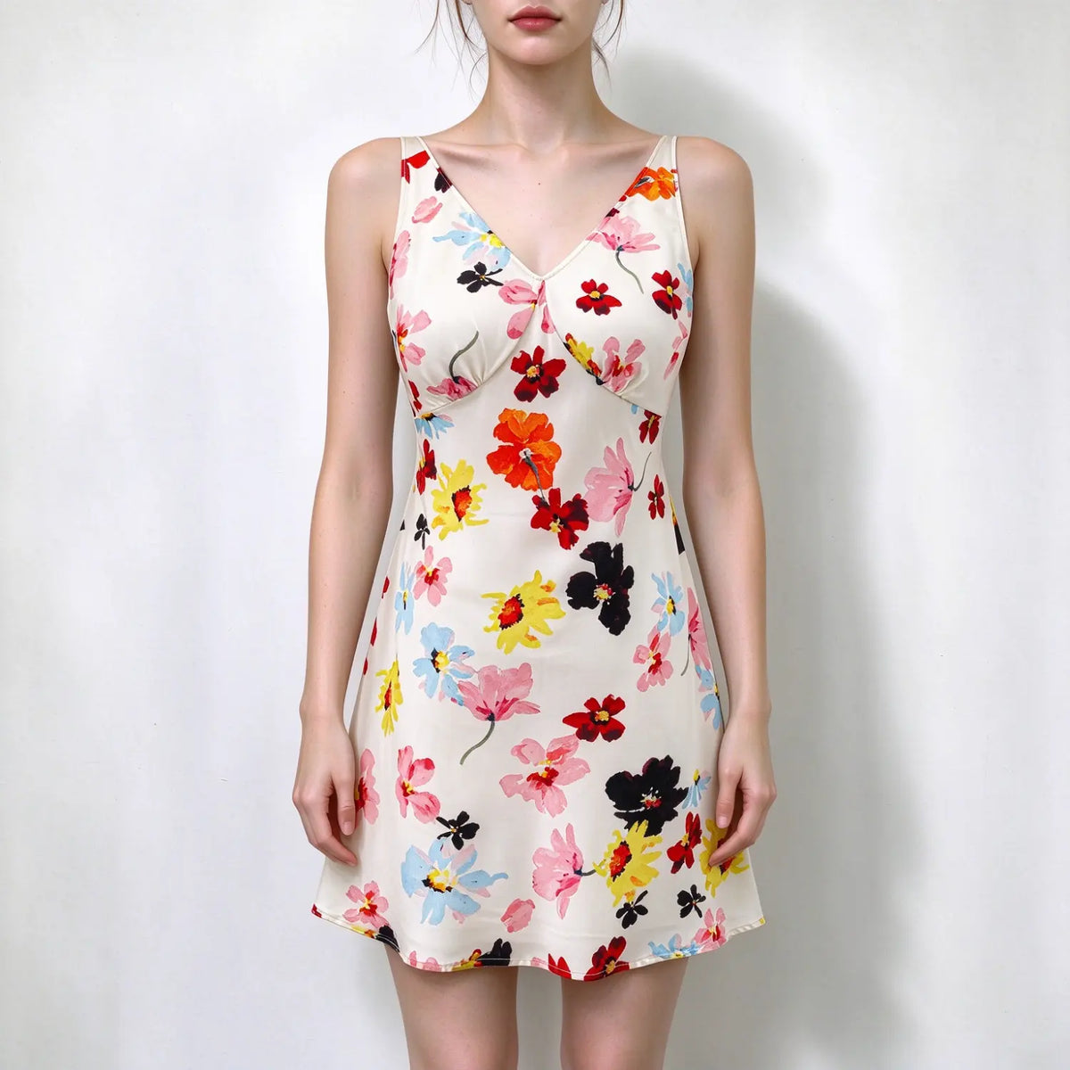 Model wearing floral print satin v neck spaghetti strap mini dress, plain white background