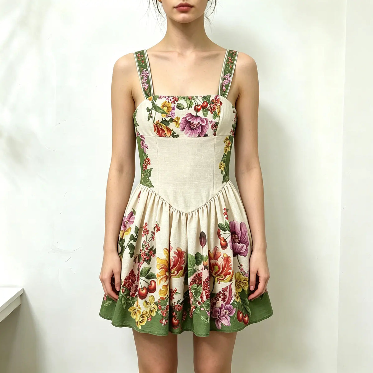 Model wearing floral print spaghetti strap mini dress, square neckline, fitted waist, flared skirt with fruit and botanical pattern