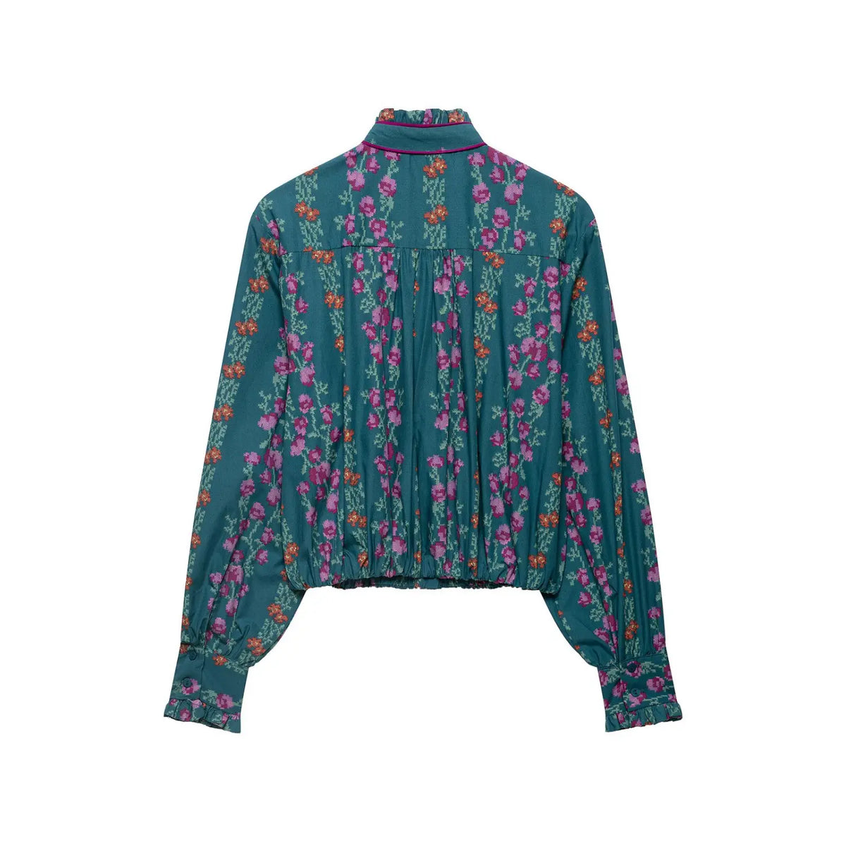 Back flat lay of floral print tie neck ruffle blouse