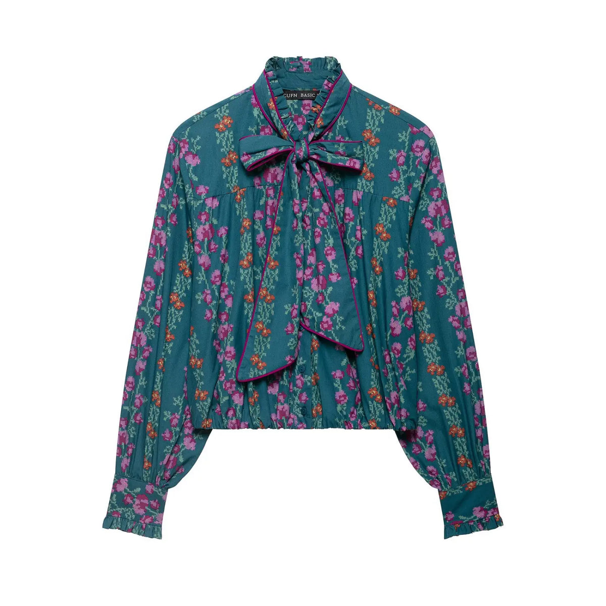 Front flat lay of floral print tie neck ruffle blouse