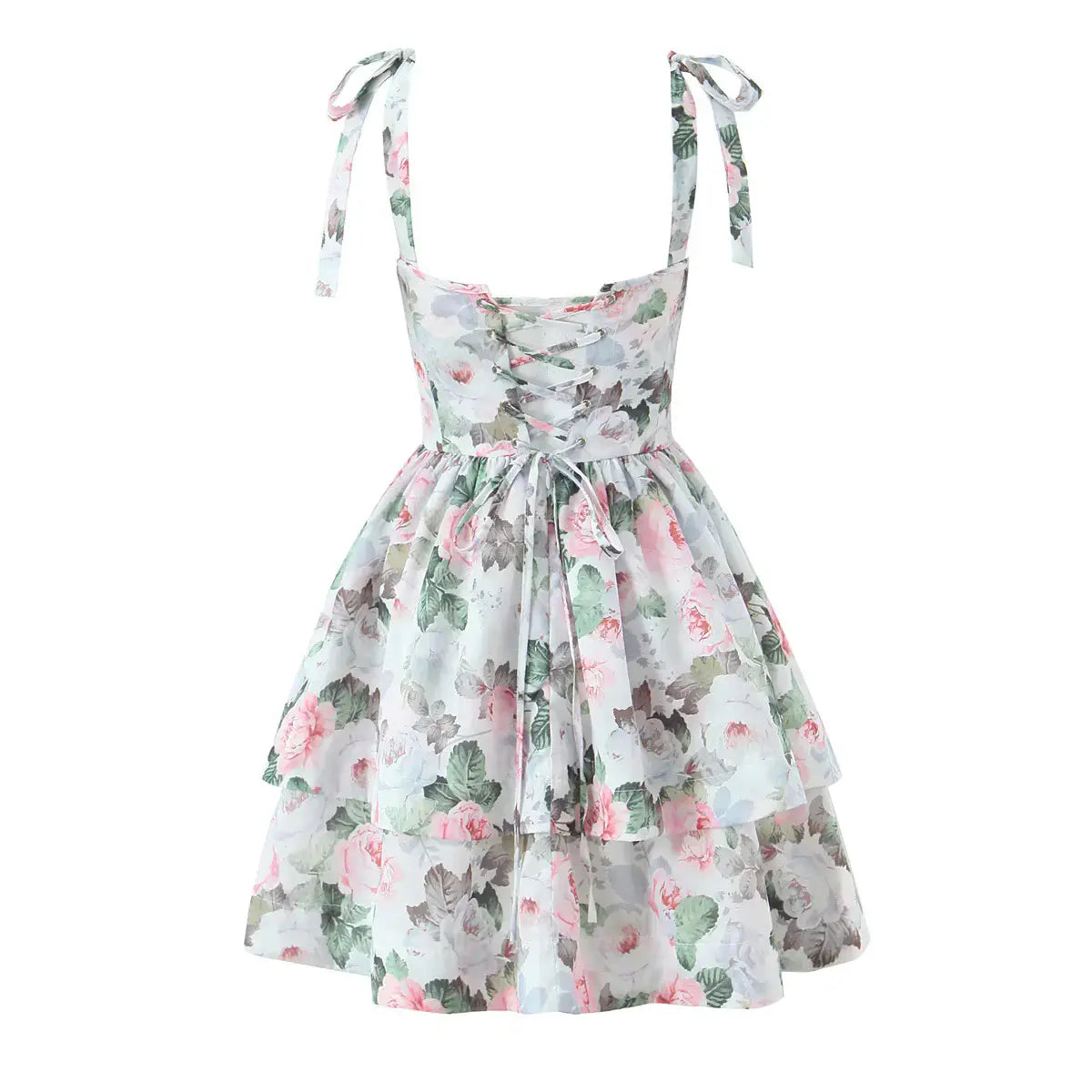  Back view of a floral print corset dress showing the lace-up tie closure.