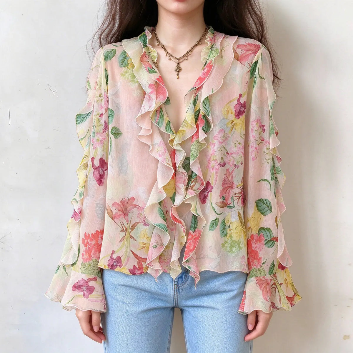 Female model wears pink base floral print chiffon blouse, deep v neckline with layered ruffle trim, long flared ruffle sleeves, front torso shot