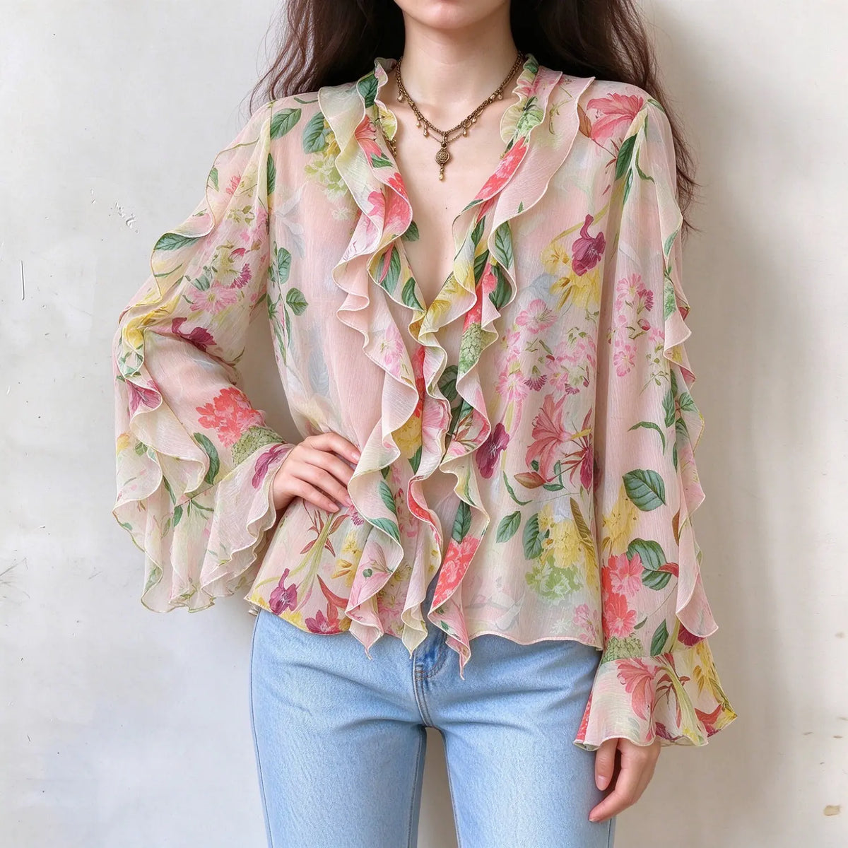 Female model in floral ruffle chiffon top, one hand resting on hip, display flowy sheer fabric and vibrant floral pattern