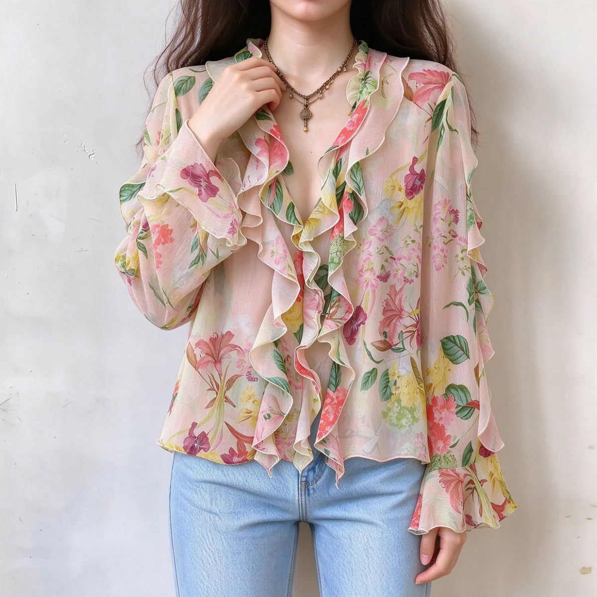 Female model stands front view, hand gently touching blouse collar, highlight cascading ruffle design and floral print
