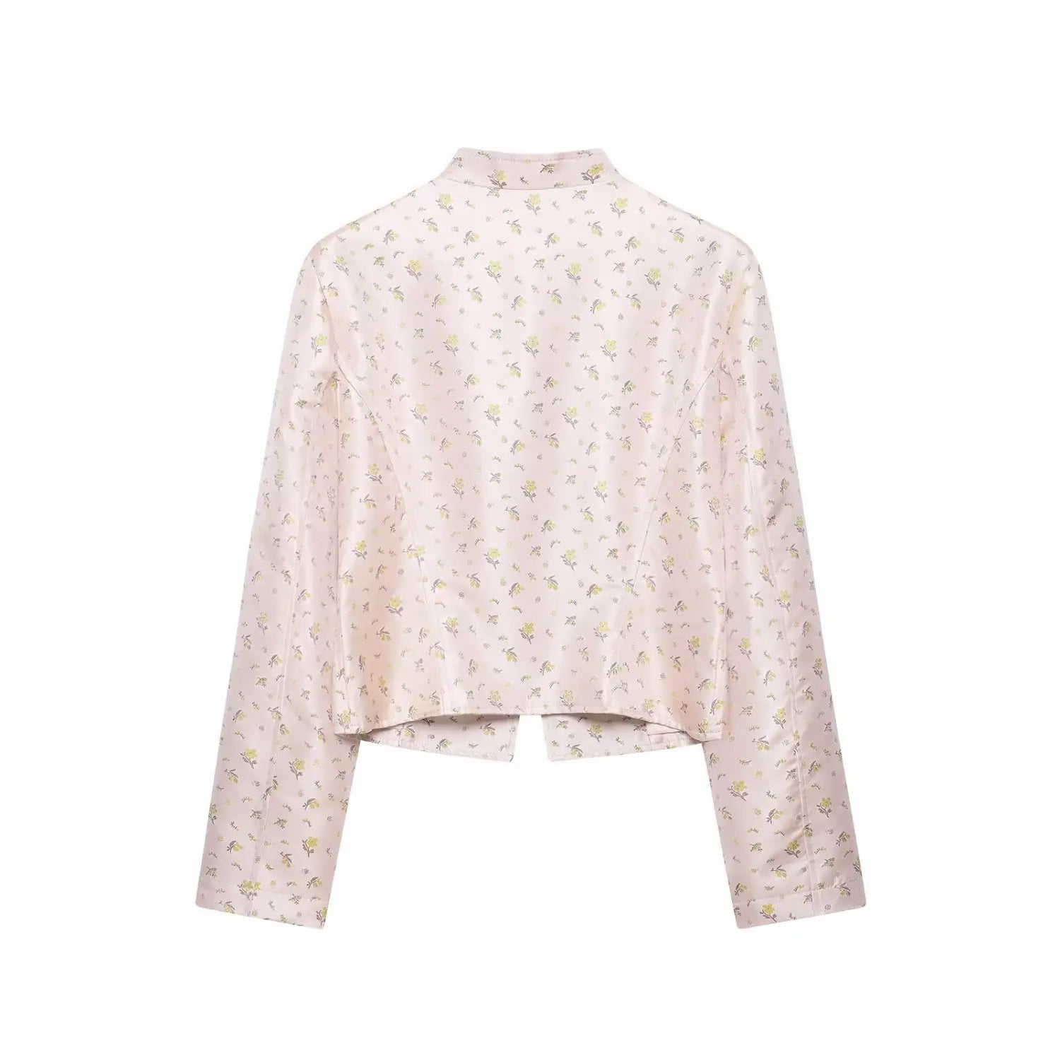 Full back view tailored pink small floral satin short military outerwear jacket