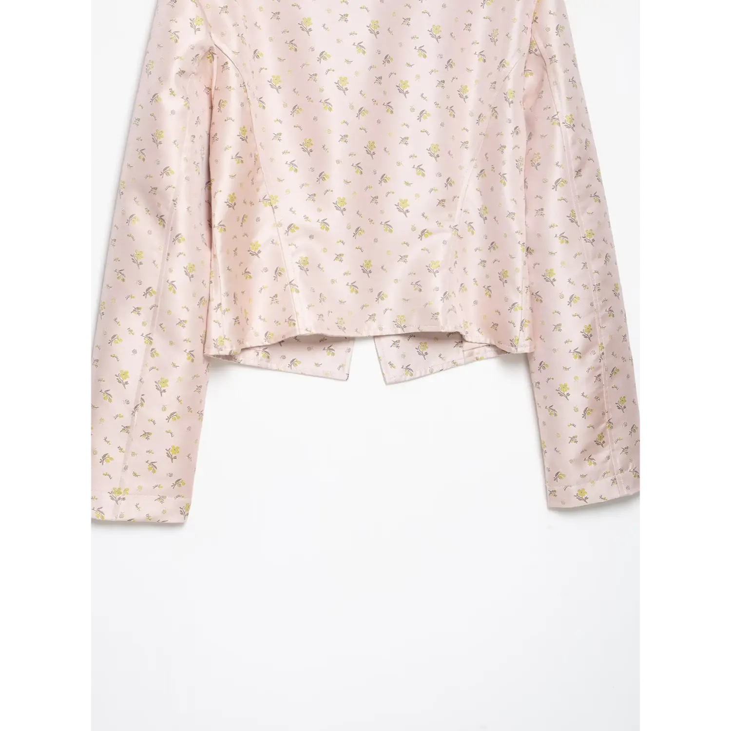 Back waist and hem shot pink ditsy floral satin short tailored outerwear jacket