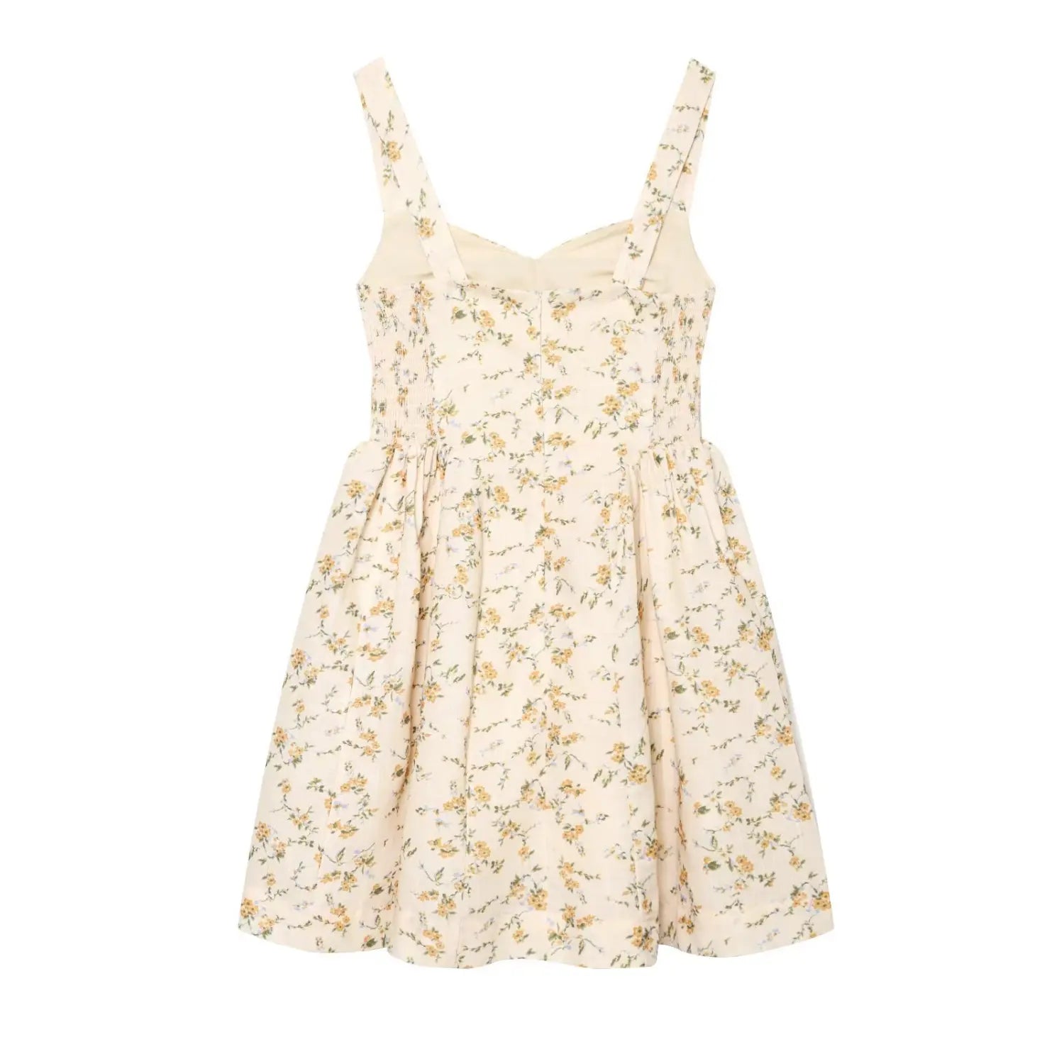 Floral smocked waist cami dress full back plain white flat lay, full back elastic shirring invisible back zipper solid full lining slim fit back silhouette shot