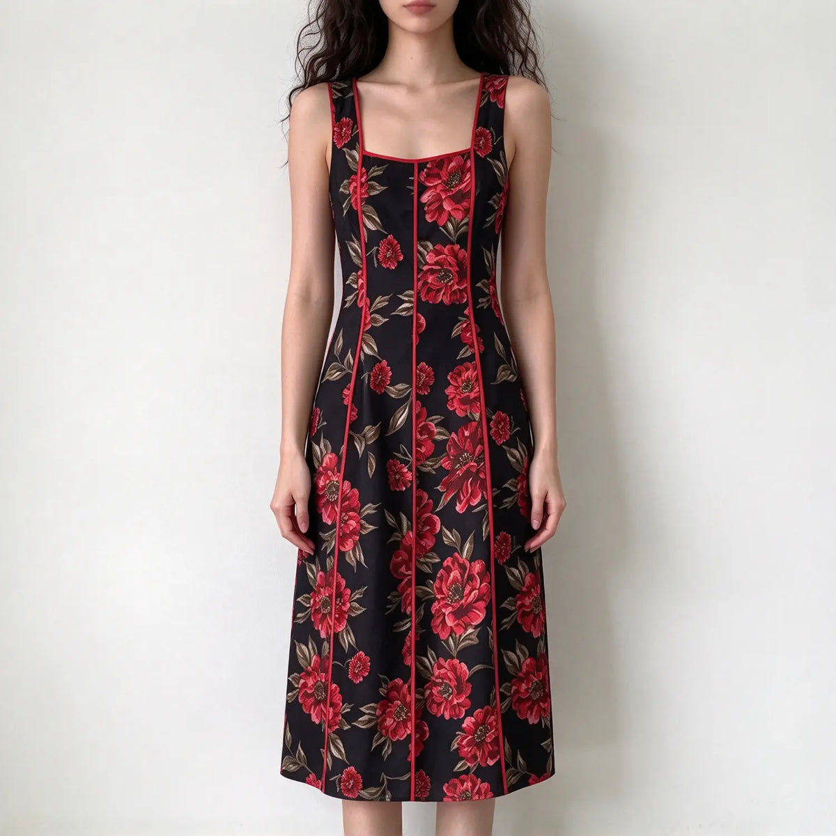 Model wearing black base red floral print sleeveless square neck maxi dress with red piping, fitted bodice, long midi maxi skirt