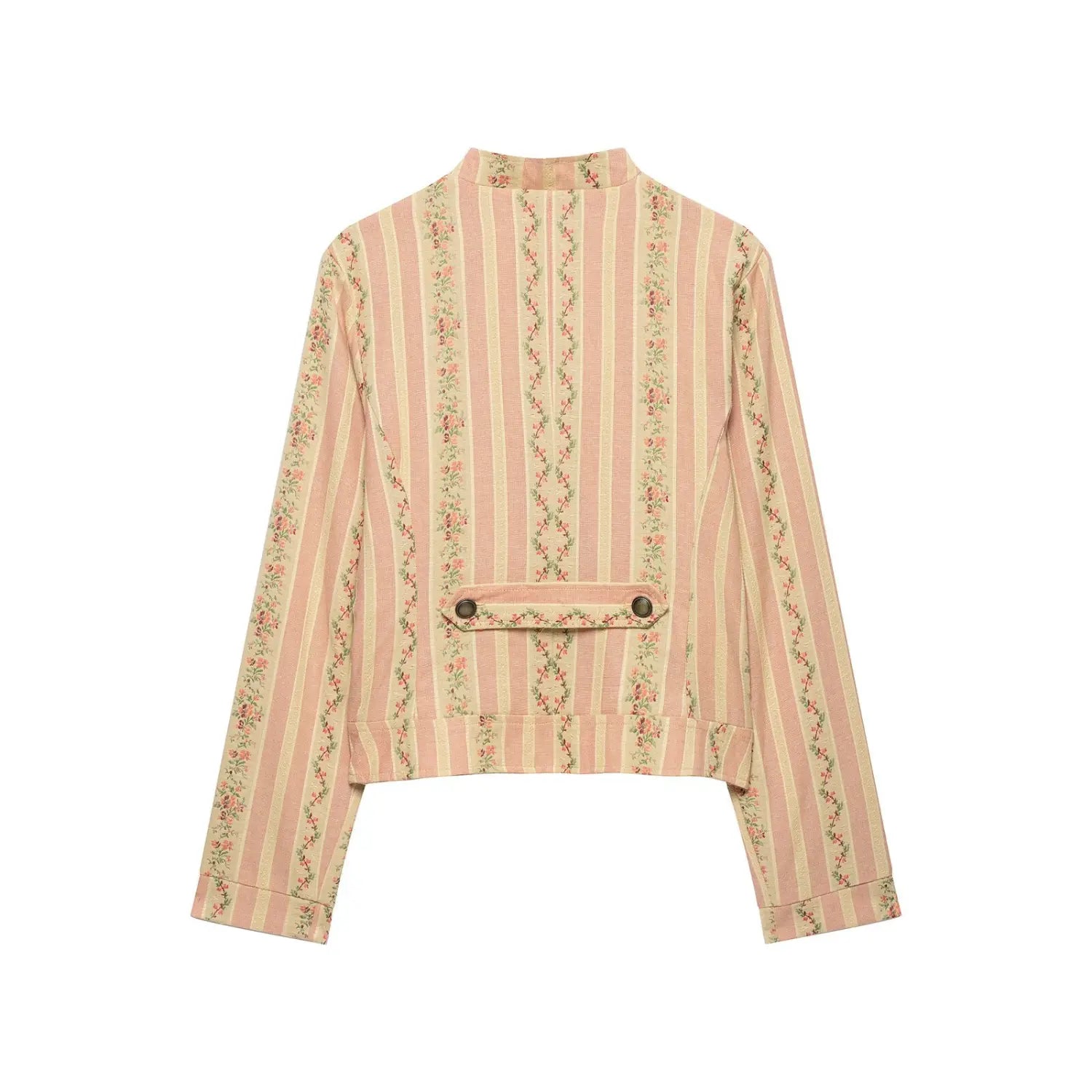 Back view pink vertical stripe floral print short jacket, rear double button tab detail, vintage long sleeve coat