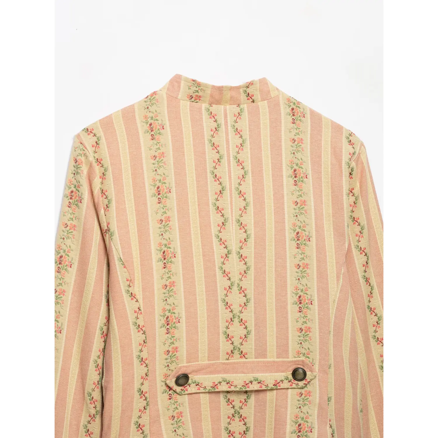 Back full view vintage pink floral striped cropped jacket, stand collar, rear button tab decoration