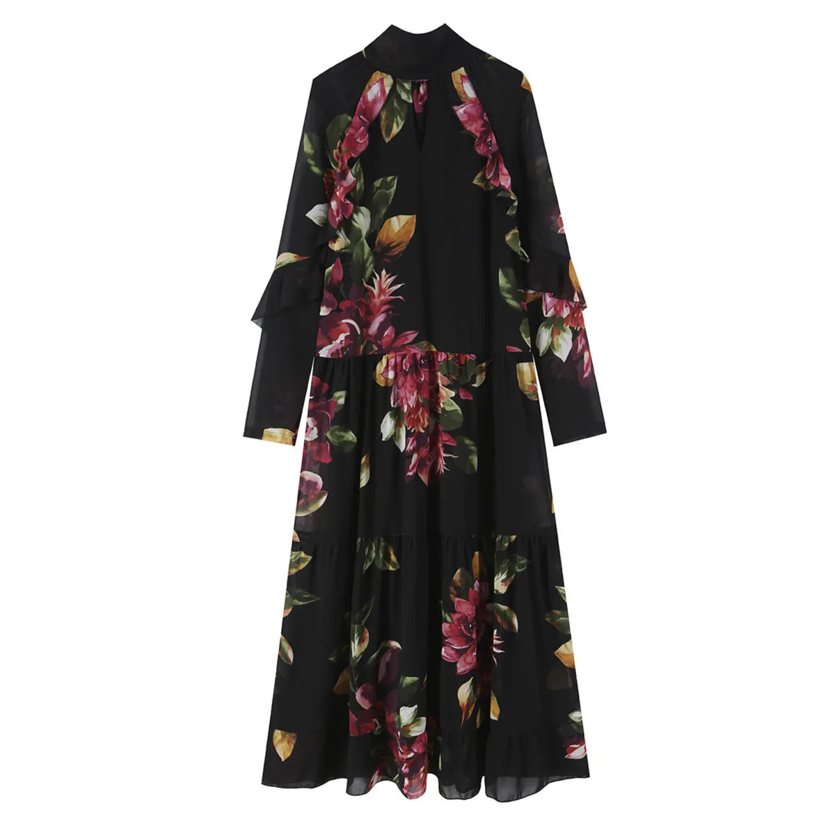 Back flat lay of floral tie neck ruffle tiered maxi dress