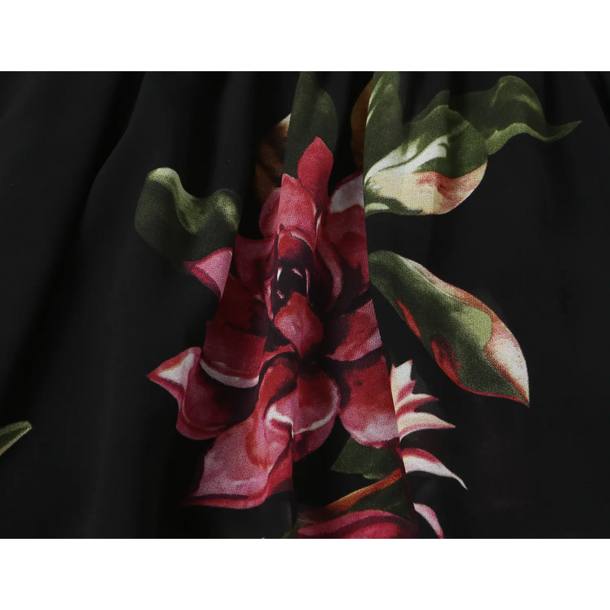 Close-up of dark floral print on chiffon