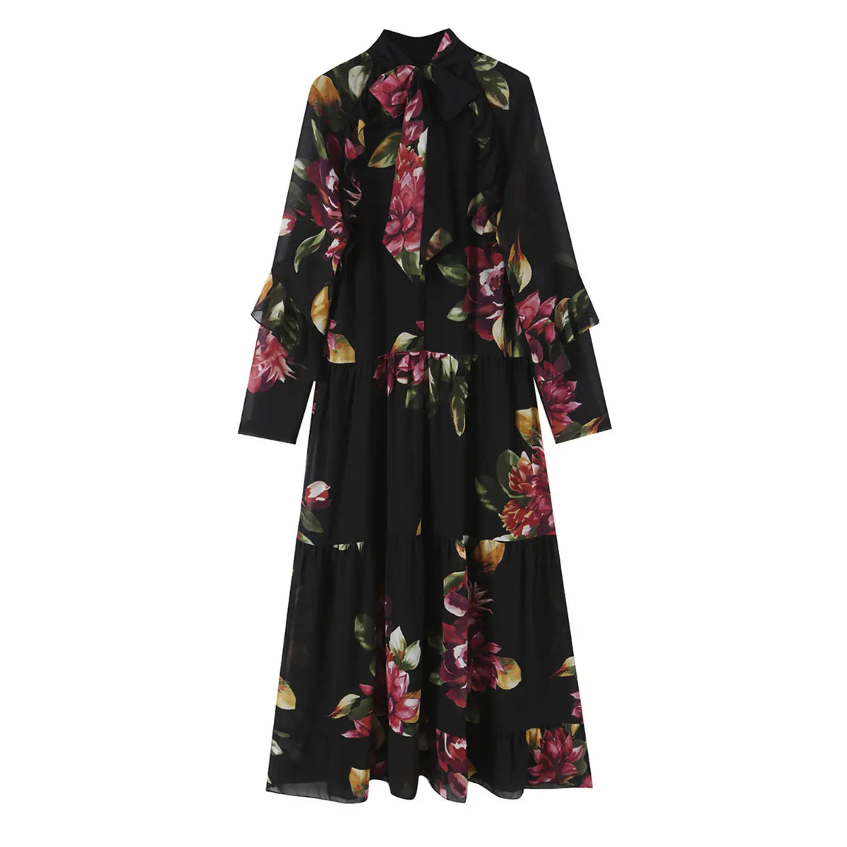 Front flat lay of floral tie neck ruffle tiered maxi dress