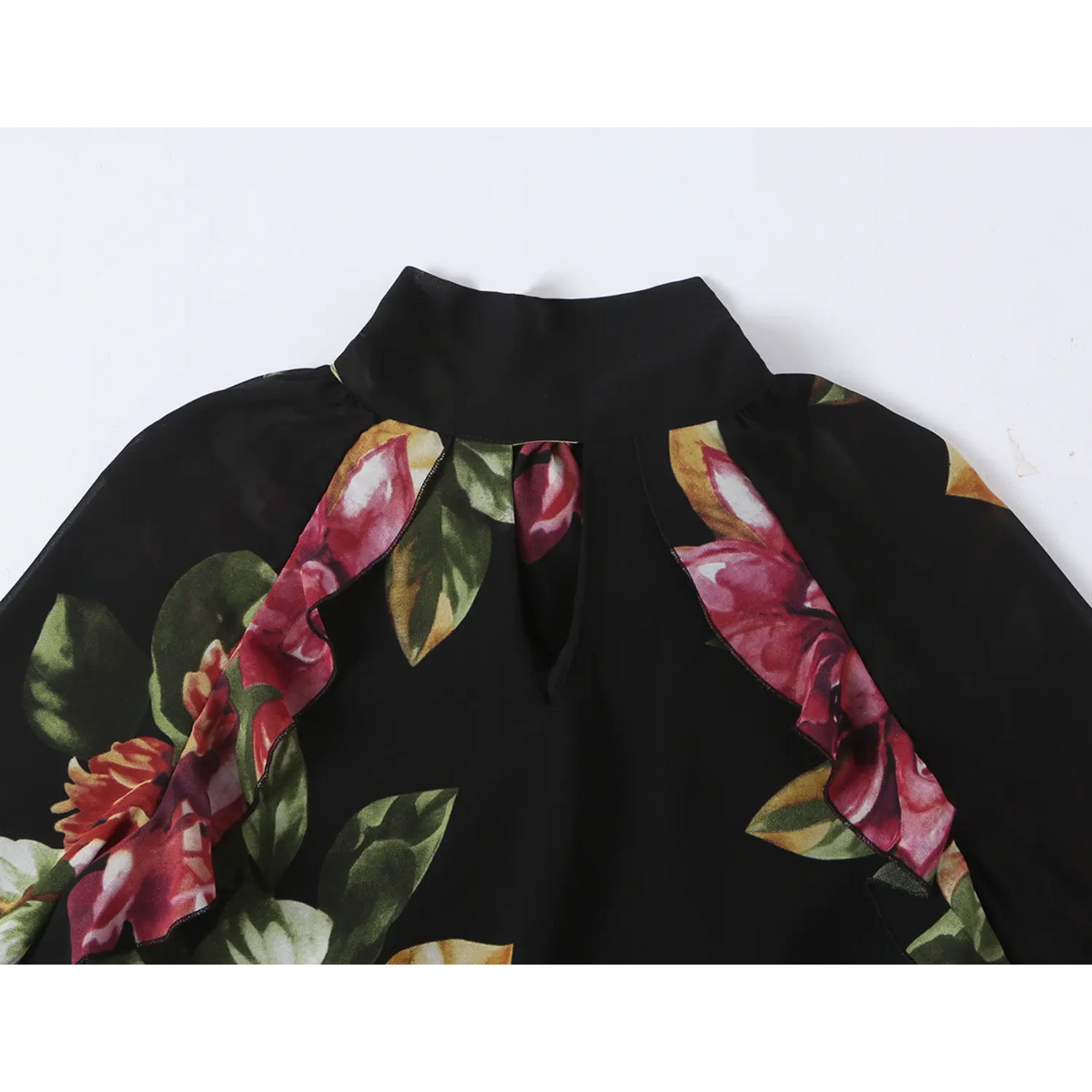 Close-up of mock neck and keyhole cutout
