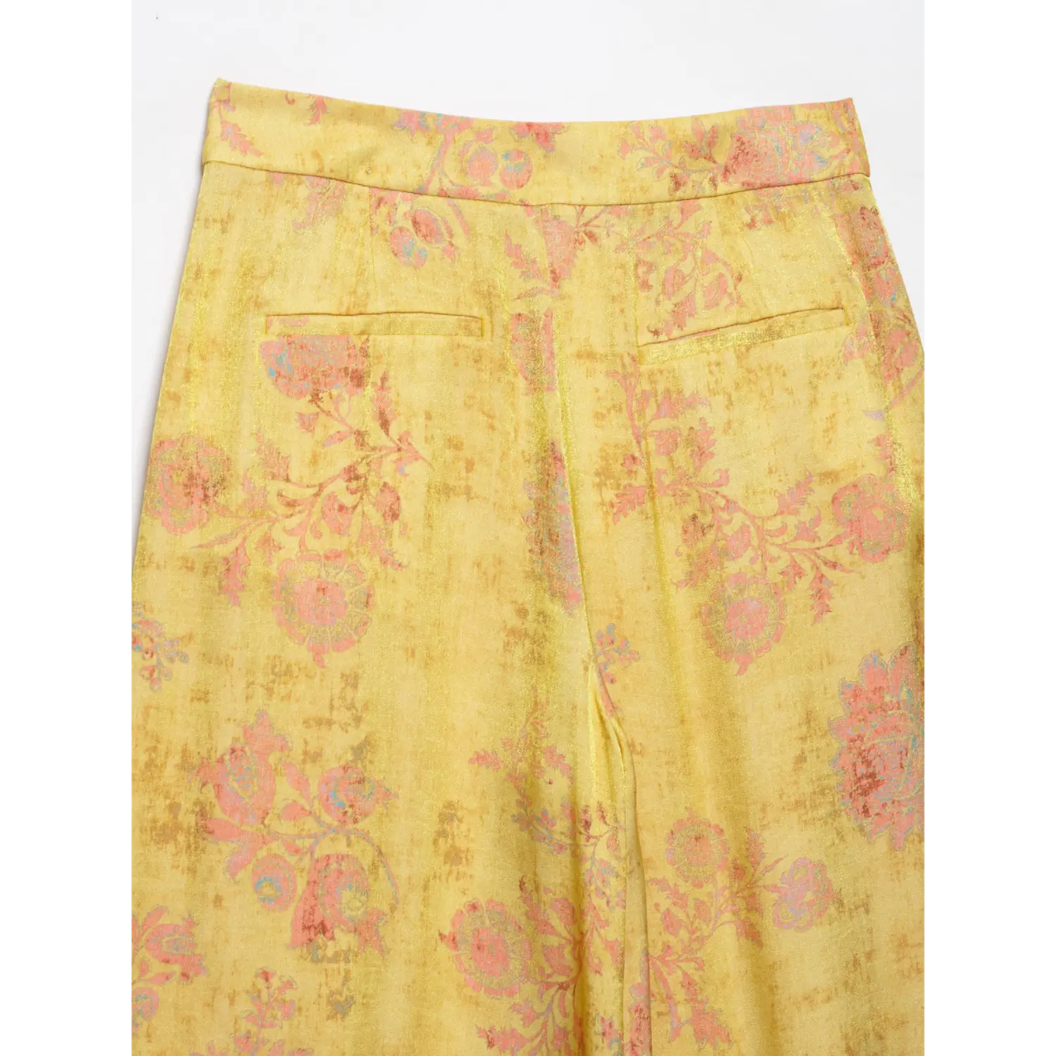 Back waist & double welt pockets closeup, vintage yellow floral print high waist pants