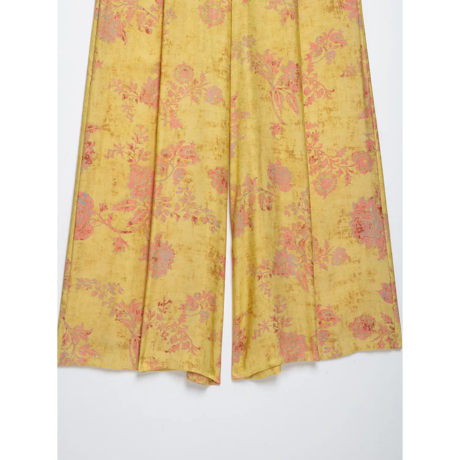 Front leg & hem flat detail, lightweight yellow vintage botanical print wide leg pants
