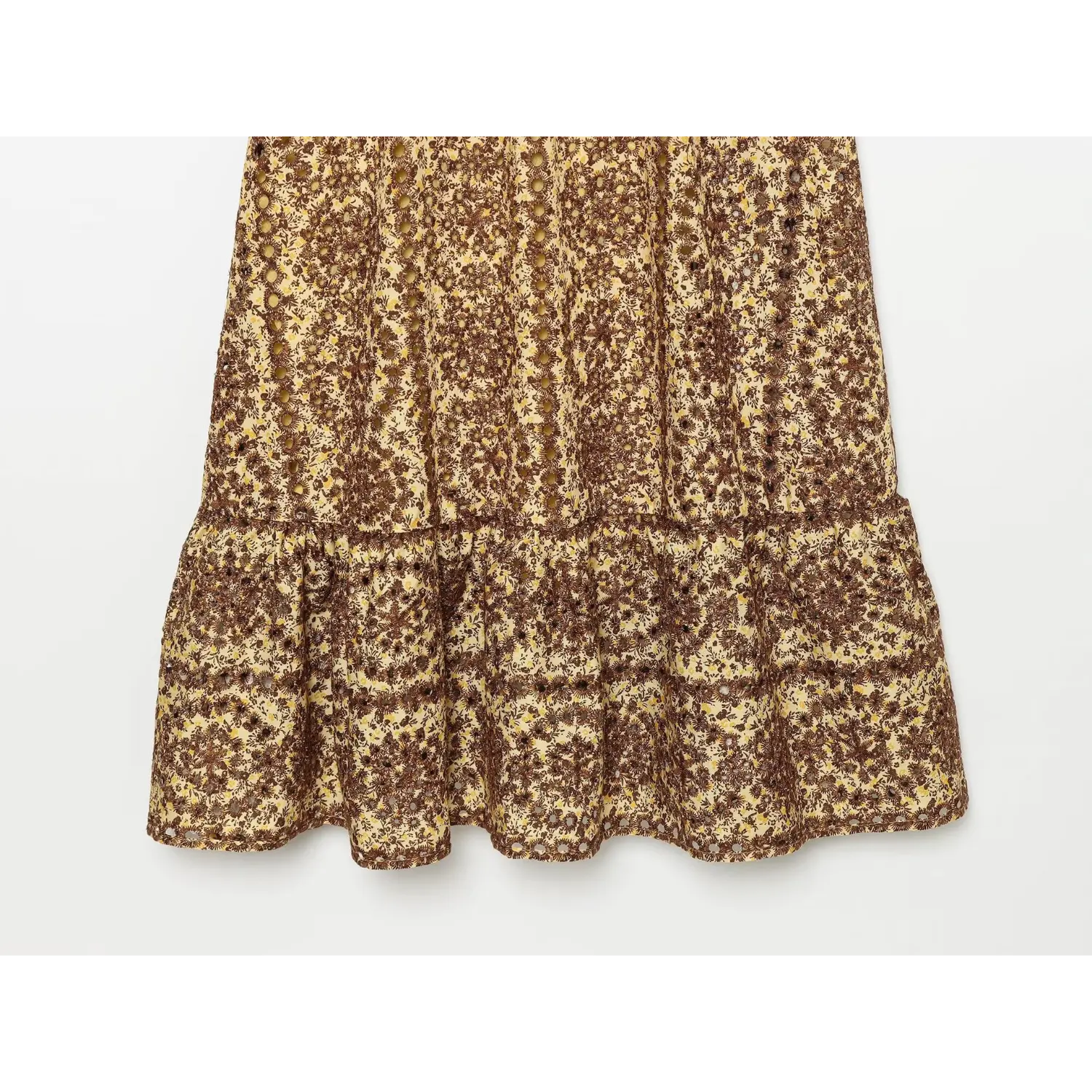 Close‑up of tiered ruffle hem on yellow brown ditsy floral midi dress
