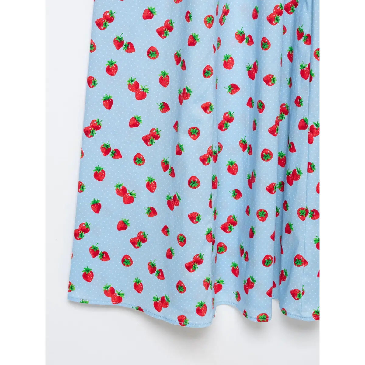 Floor length A-line skirt hem blue strawberry woven fabric close