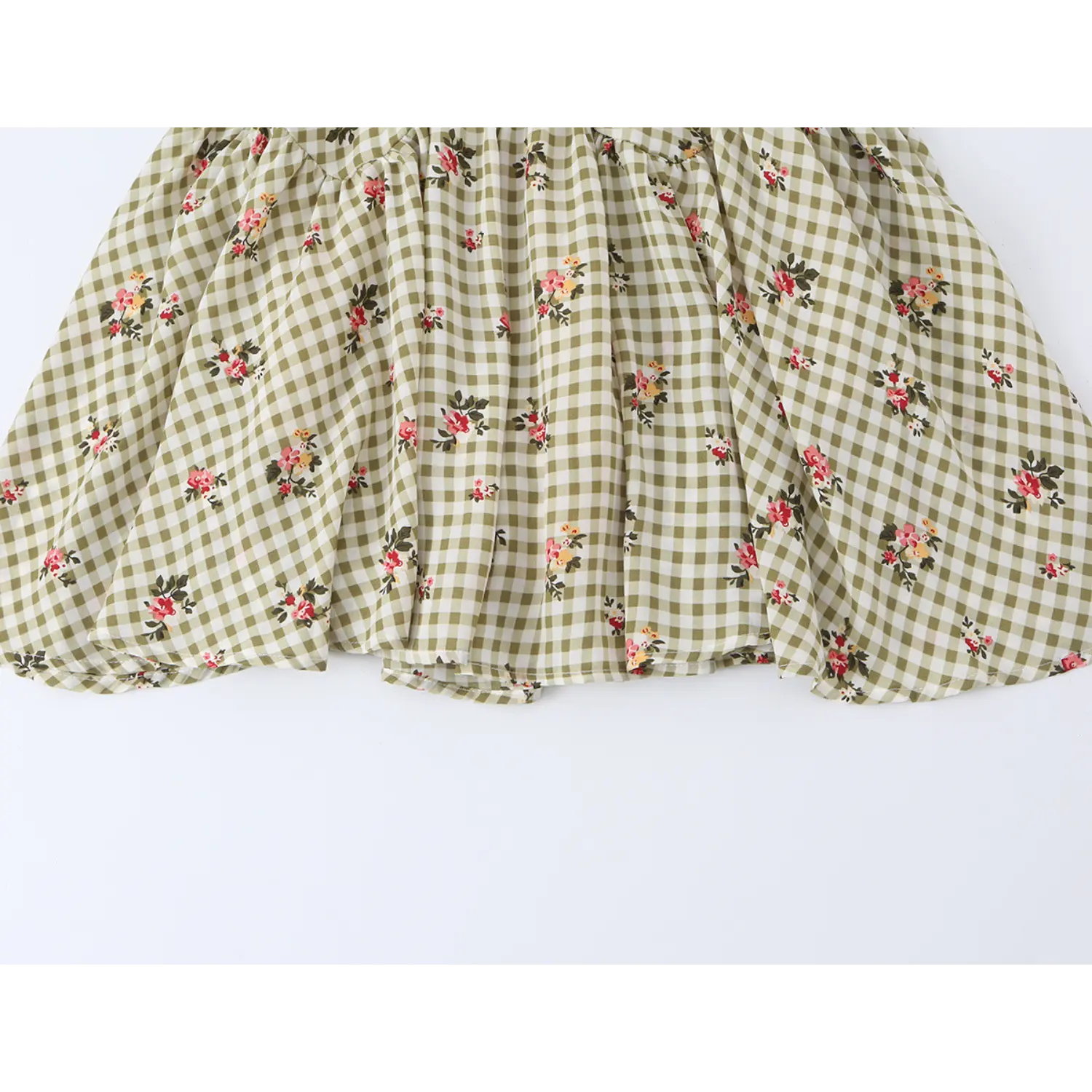 wide tiered flowy skirt full detail olive green check pink flower mini sundress lightweight summer fabric