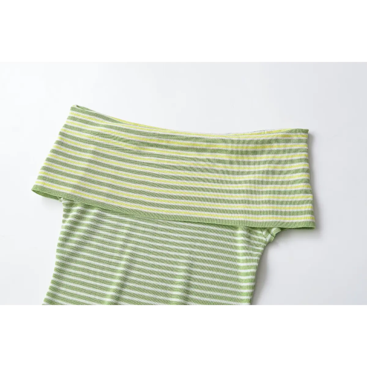 Wide folded off shoulder neckline stripe knit close shot