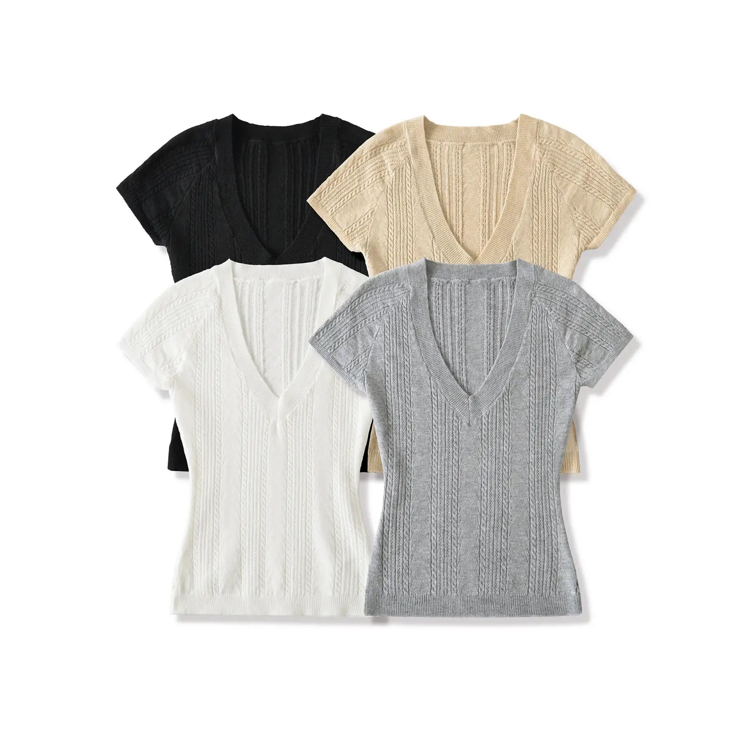  Four colors flat lay combo shot, deep v neck cable twist knit short sleeve cropped top, black white oat gray slim rib hem women knitwear
