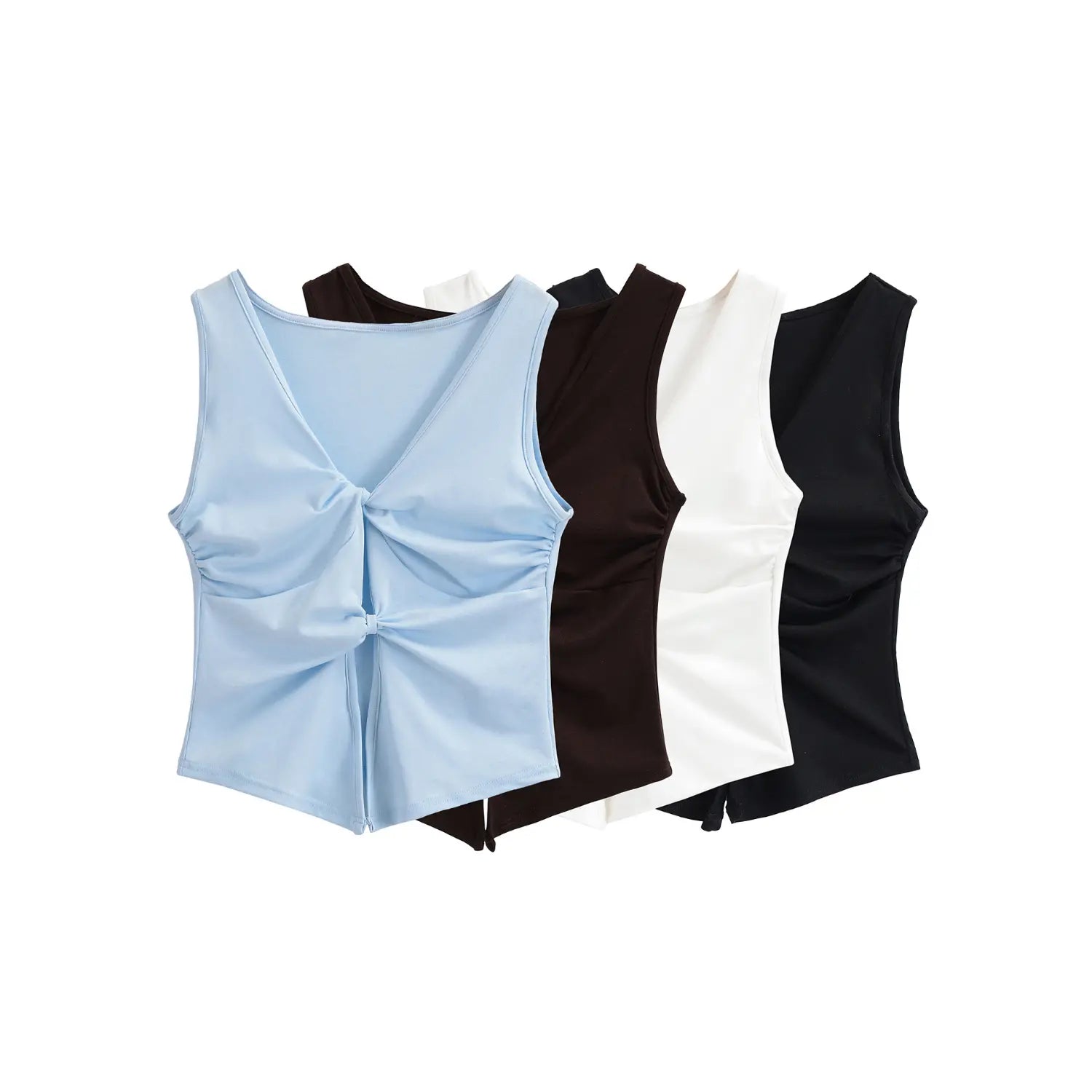 Four color double knot v-neck sleeveless tank group flat white lay, light blue white coffee black full color display, deep v double twist cutout slim cropped knit camisole main product shot