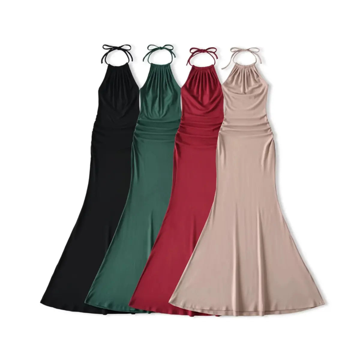 Flat lay view of four halter-neck mermaid maxi dresses in black, deep green, red, and nude, showing the full silhouette and tied straps.