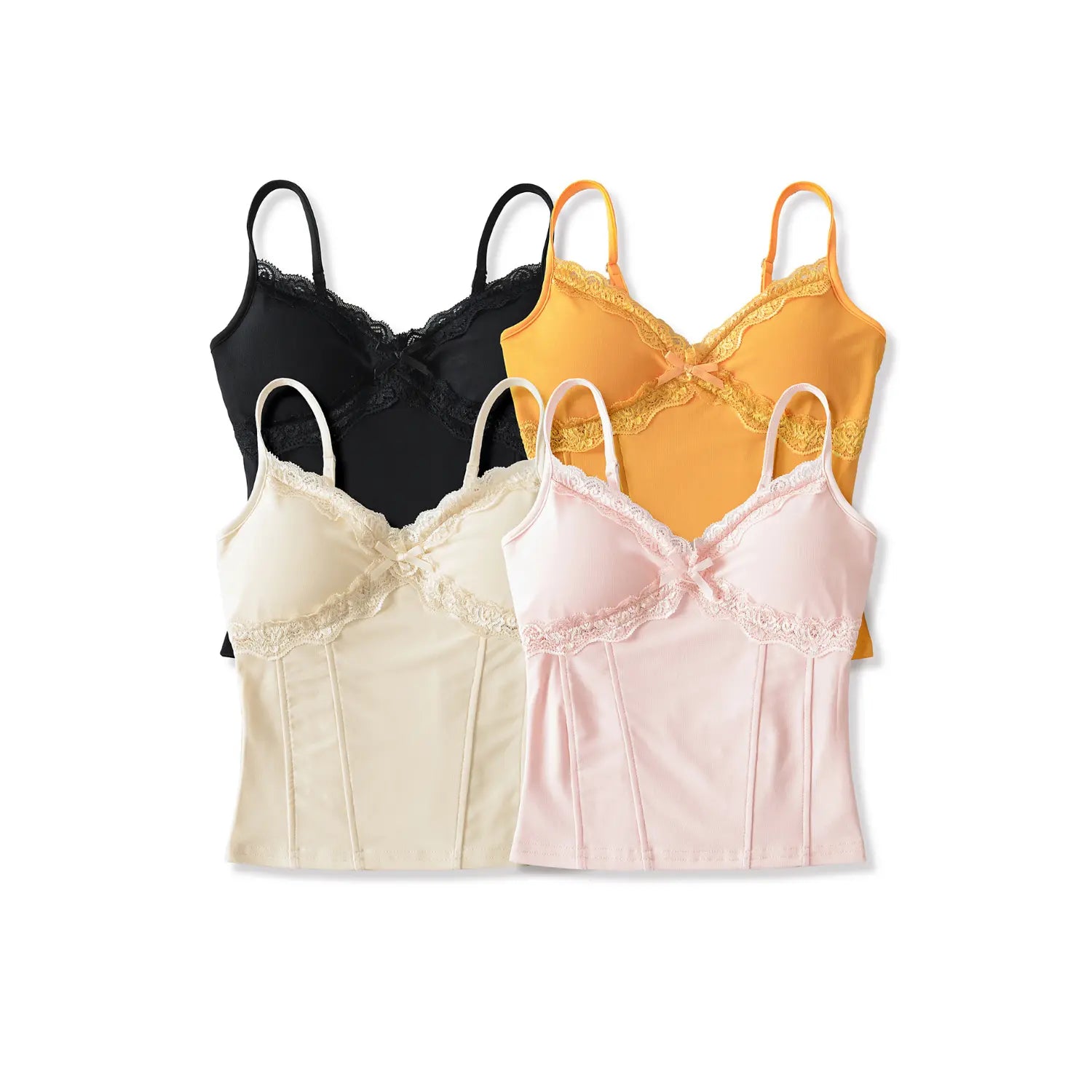 Top view flat lay four pieces camisole, symmetrical layout, contrast color matched lace edge, fitted waist corset seam design, cropped slim length