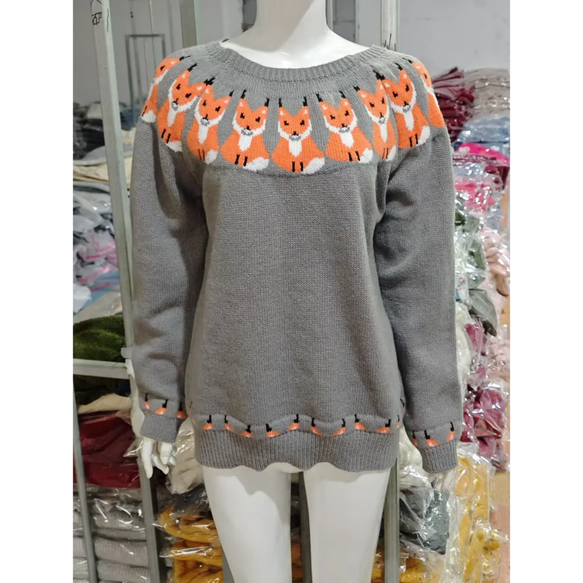 Front view of fox yoke intarsia crew neck knit sweater on mannequin
