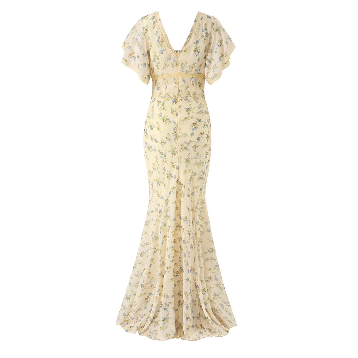 Back studio view of cream floral chiffon mermaid long gown with invisible center back zipper, delicate yellow lace waist band and ruffled hem