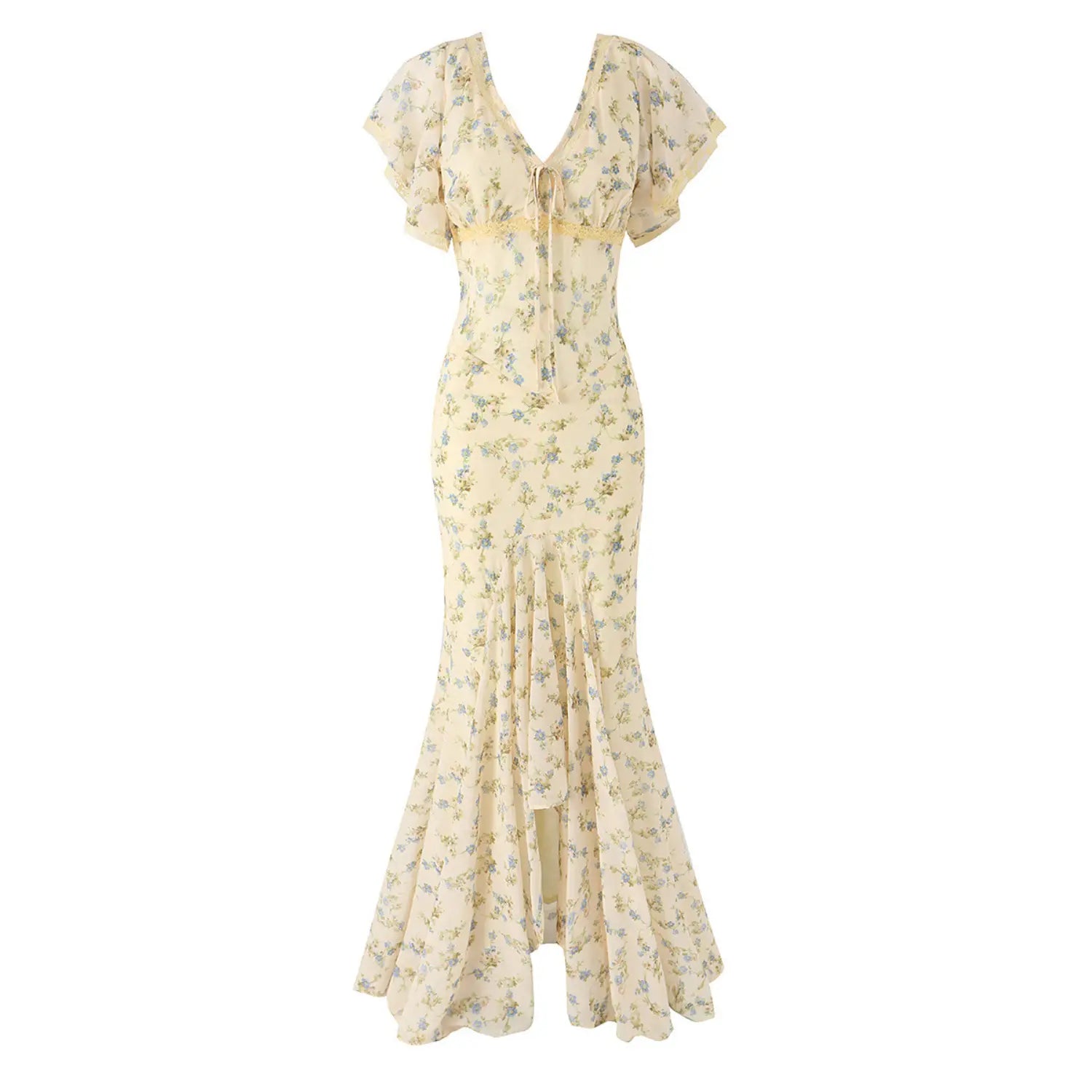 Full front white background shot of cream chiffon mermaid maxi dress with tiny blue floral print, lace v-neck self tie flutter sleeves for picnic and dating wear