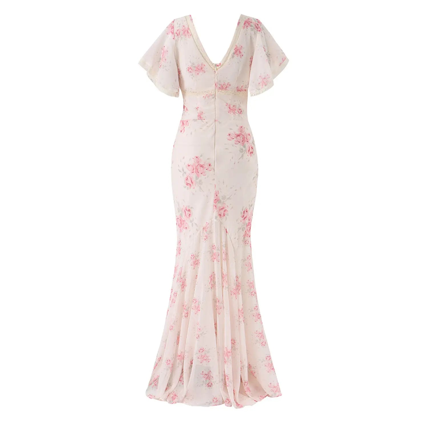 Back studio view of off-white chiffon mermaid maxi dress covered in pink rose floral print, lace v-neck flutter sleeves with invisible back zipper