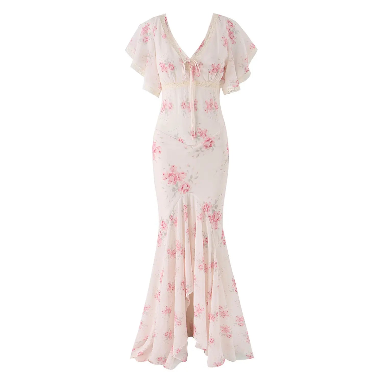 Full front white background shot of pink rose floral chiffon mermaid maxi dress, lace trimmed v-neck flutter sleeves for dating and wedding guest wear