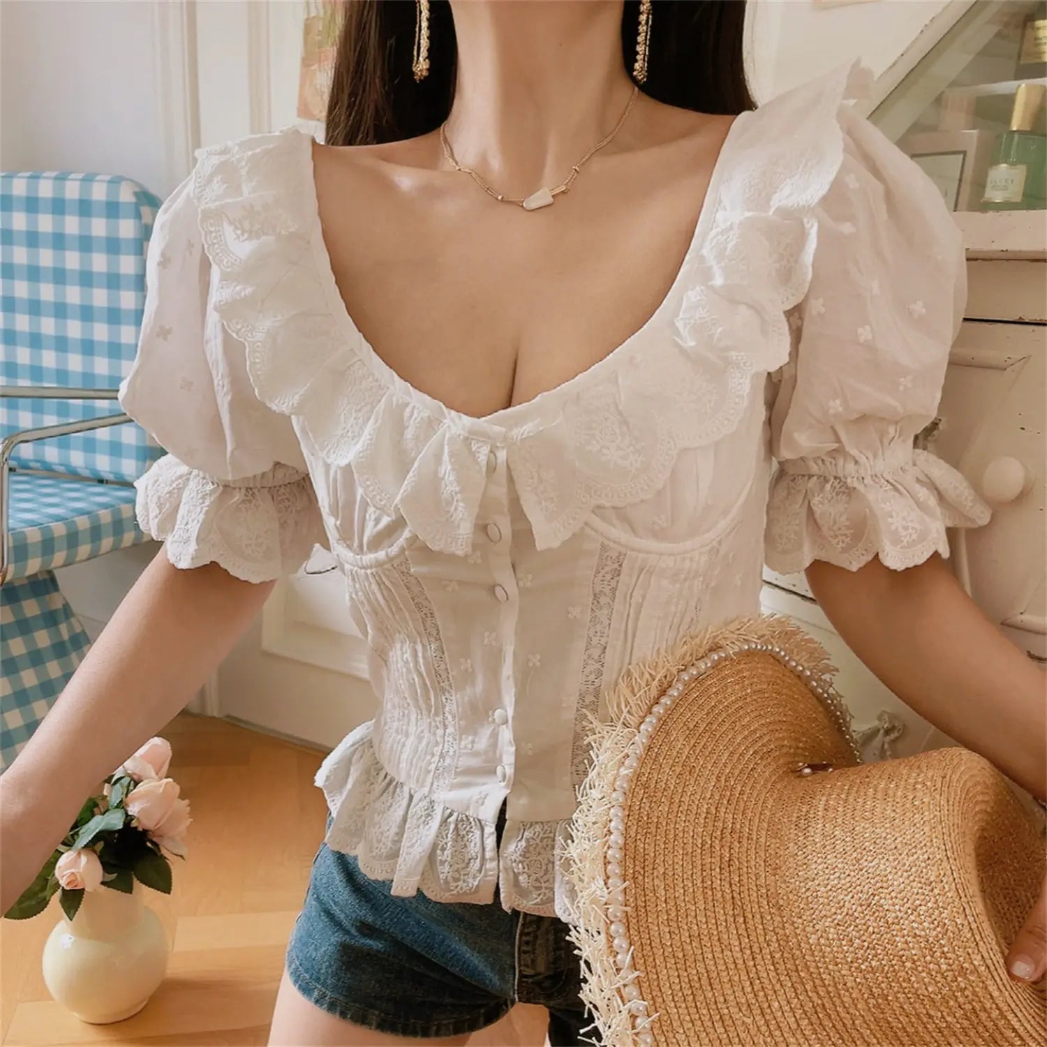 French vintage lifestyle white eyelet lace corset blouse, layered scallop ruffle neckline, front button fitted peplum summer shirt