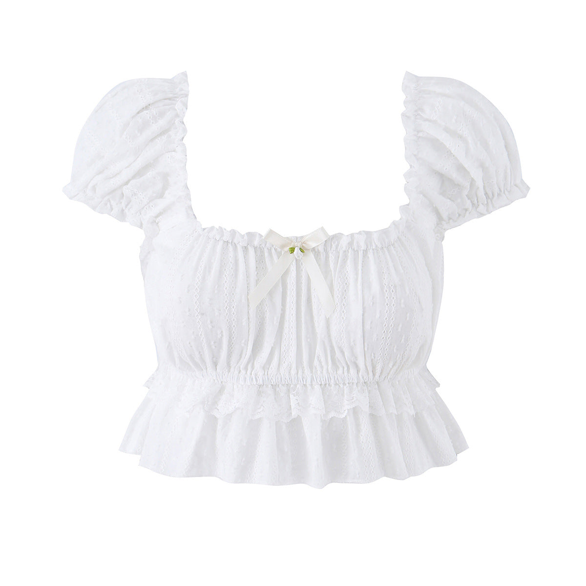 Women's white lace cropped top with puff sleeves, square neckline, bow detail, and frilled peplum, by dingdingding.