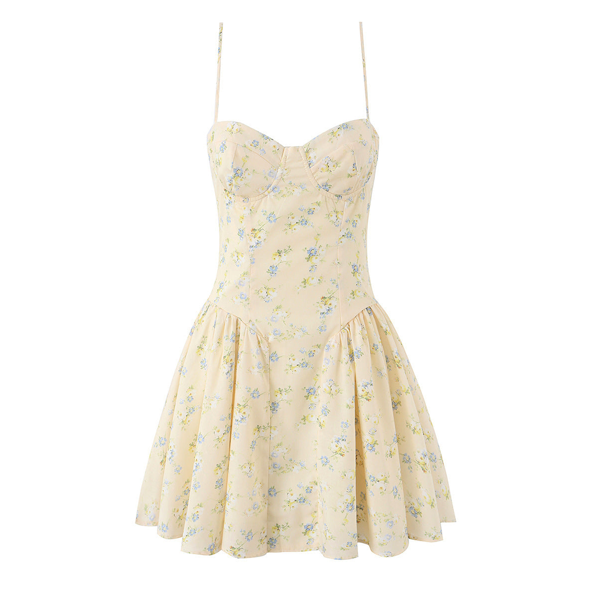Women's yellow ditsy floral spaghetti strap bustier sundress with flared A-line skirt, perfect for cottagecore and summer wear.