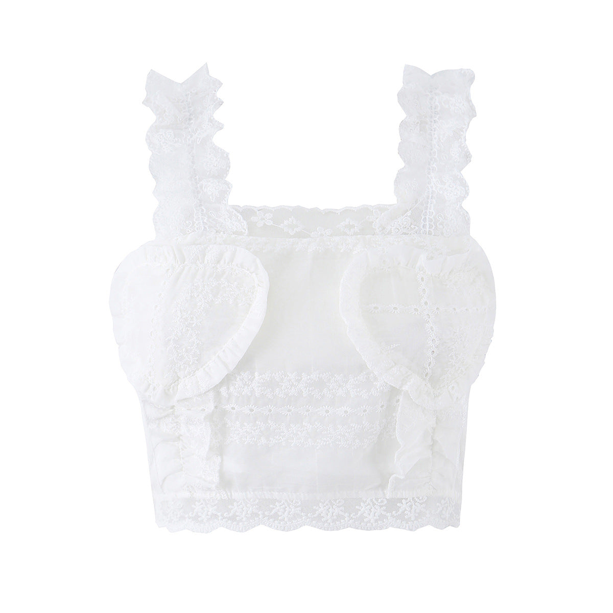 Women's white lace heart-shaped bust camisole top with ruffle straps, square neckline, slim waist, from dingdingding.