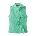 Full front flat lapel collar wrap front striped slim fit sleeveless shirt