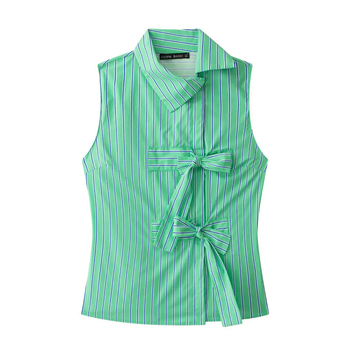 Full front flat lapel collar wrap front striped slim fit sleeveless shirt