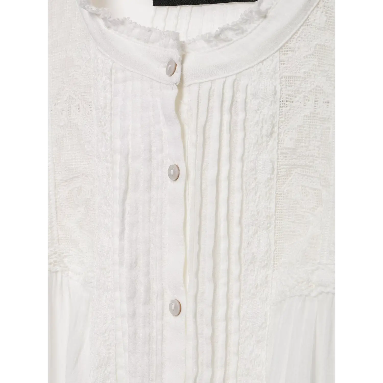 Close-up of frilled neck edge, pintuck pleats and lace border along front button placket